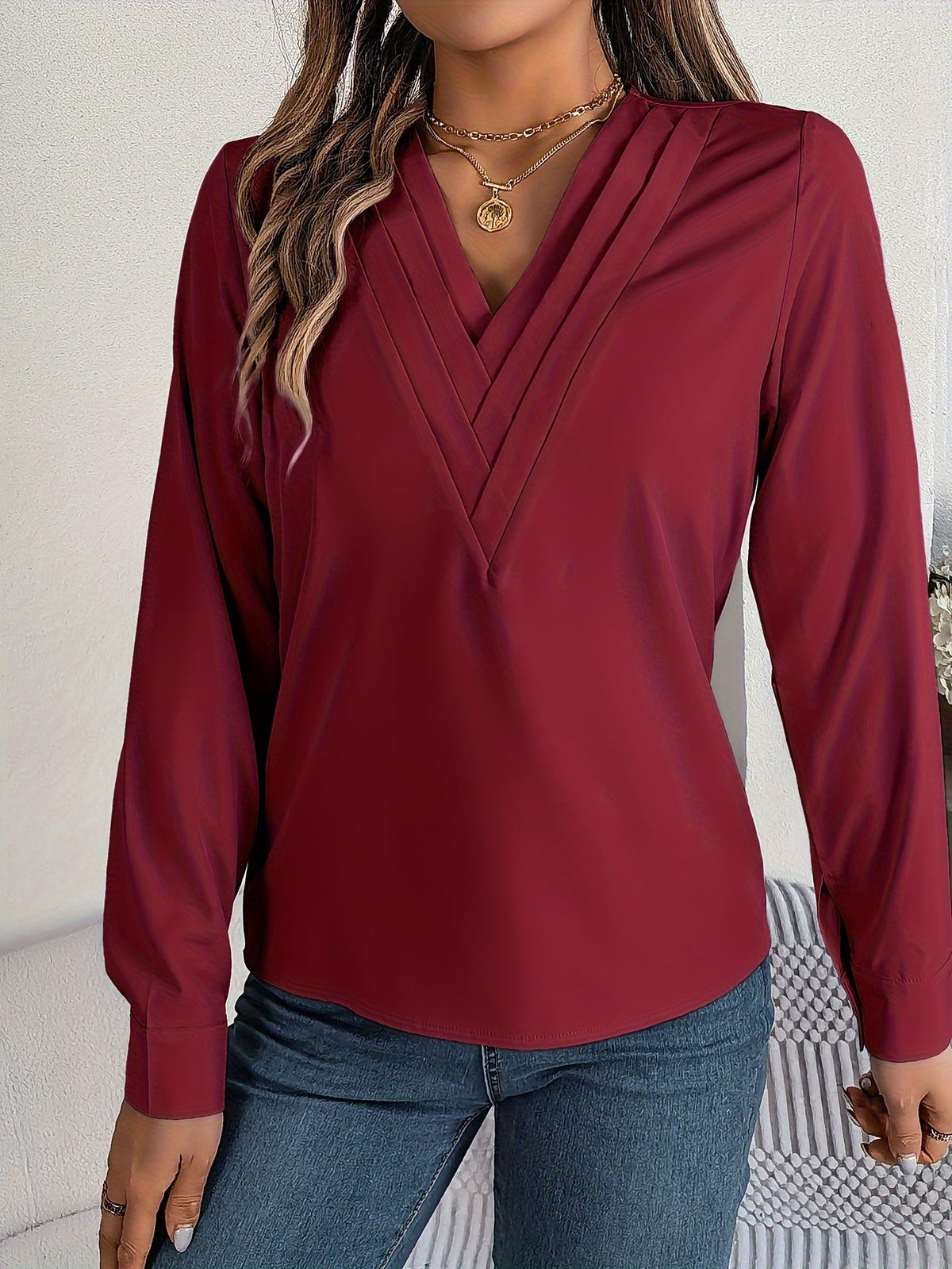 Solid Color V Neck Blouse, Elegant Long Sleeve Blouse