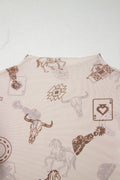 Oatmeal Western Print Slim Fit Mesh Long Sleeve Mock Neck Top