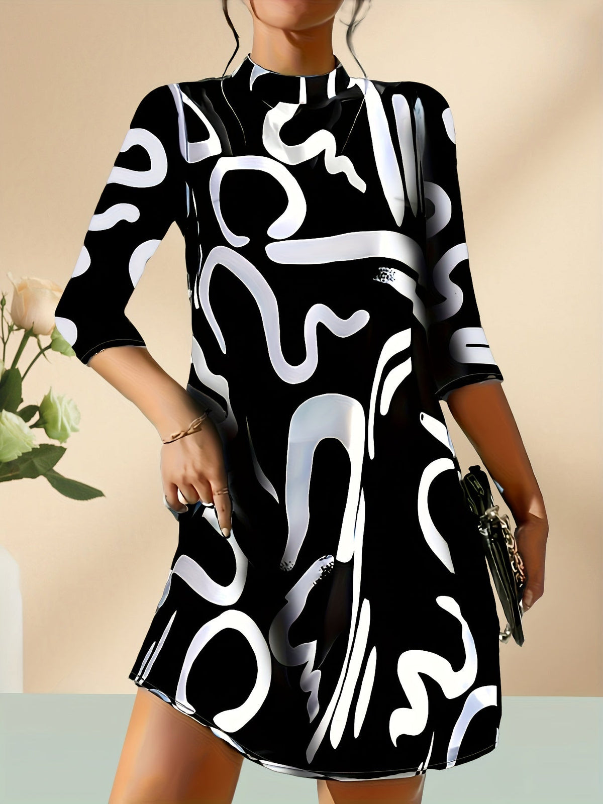 Abstract Print 3/4 Sleeve Dress, Casual Mock Neck Simple Dress