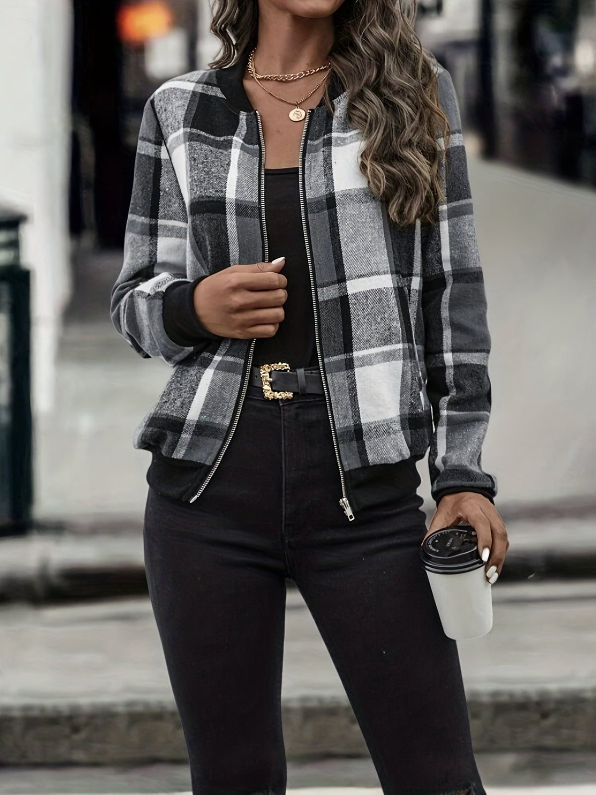 Plaid Print Bomber Jacket, Casual Zip Up Long Sleeve Outerwear