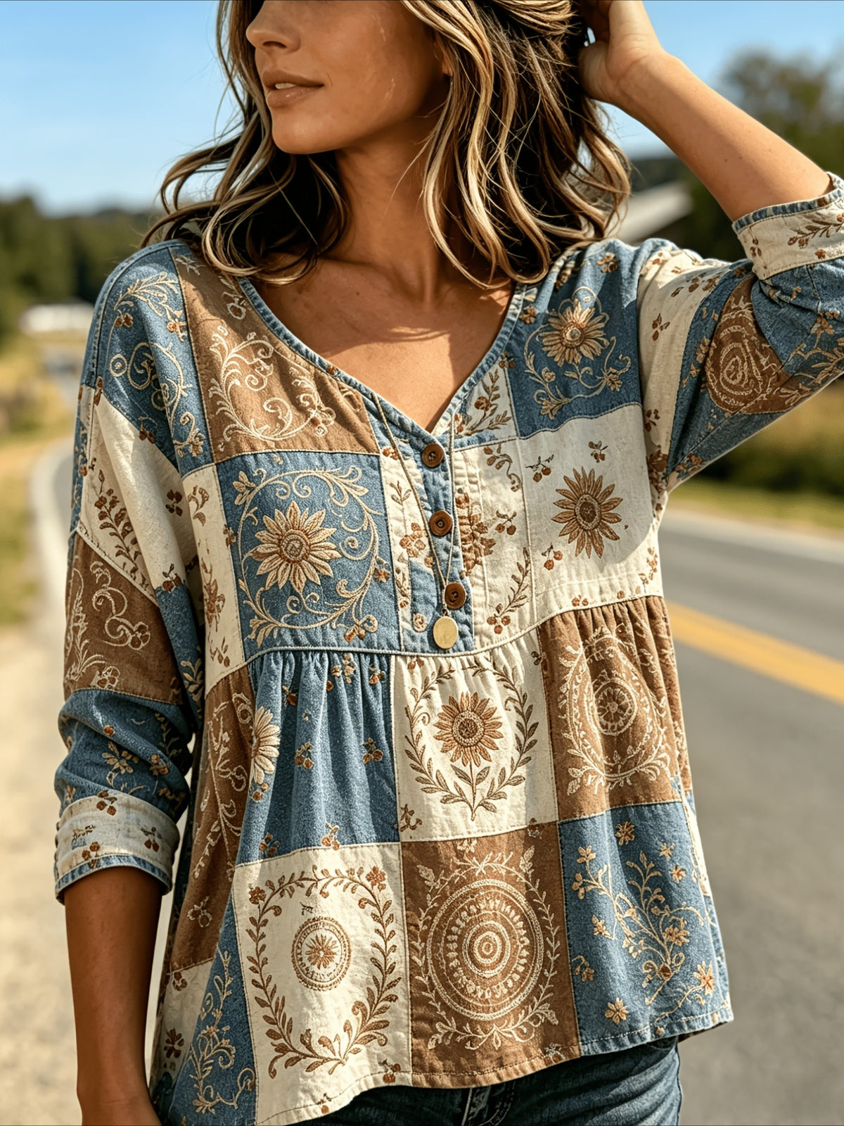 Floral Print 3/4 Sleeve V-Neck Three-Button Front Babydoll Blouse