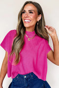 Bright Pink Solid Color Ribbed Knit Mock Neck Loose Short Sleeve Sweater