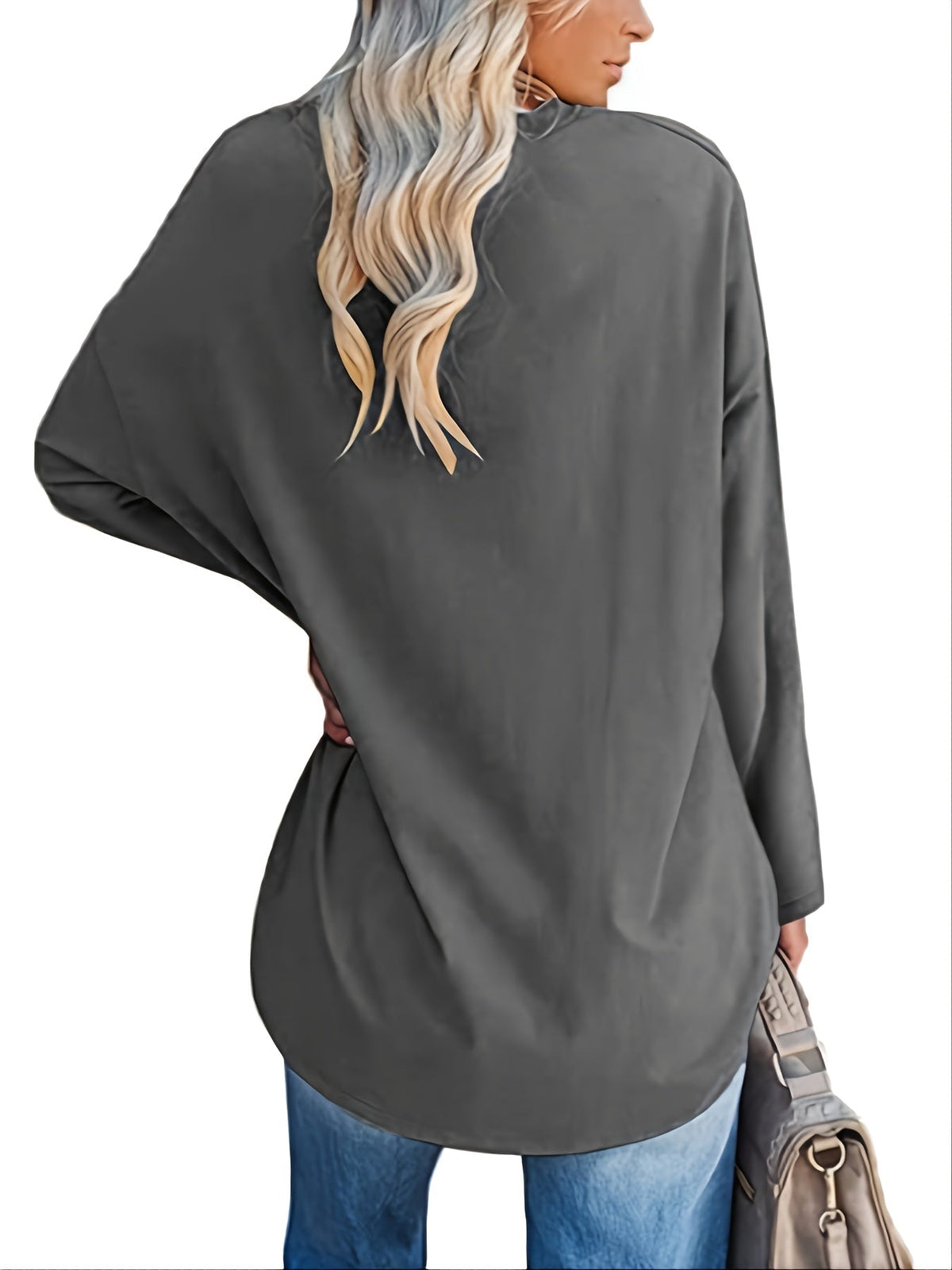 Women's Solid Color Oversized Tops, V-Neck Long Sleeve T-Shirts, Casual Loose Shirts