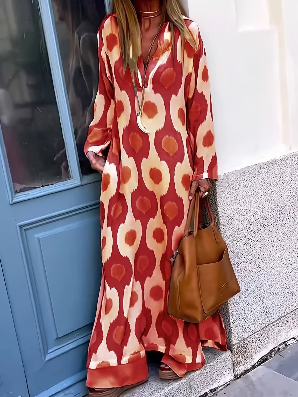 Graphic Print Split Dress, Vintage V Neck Long Sleeve Maxi Dress