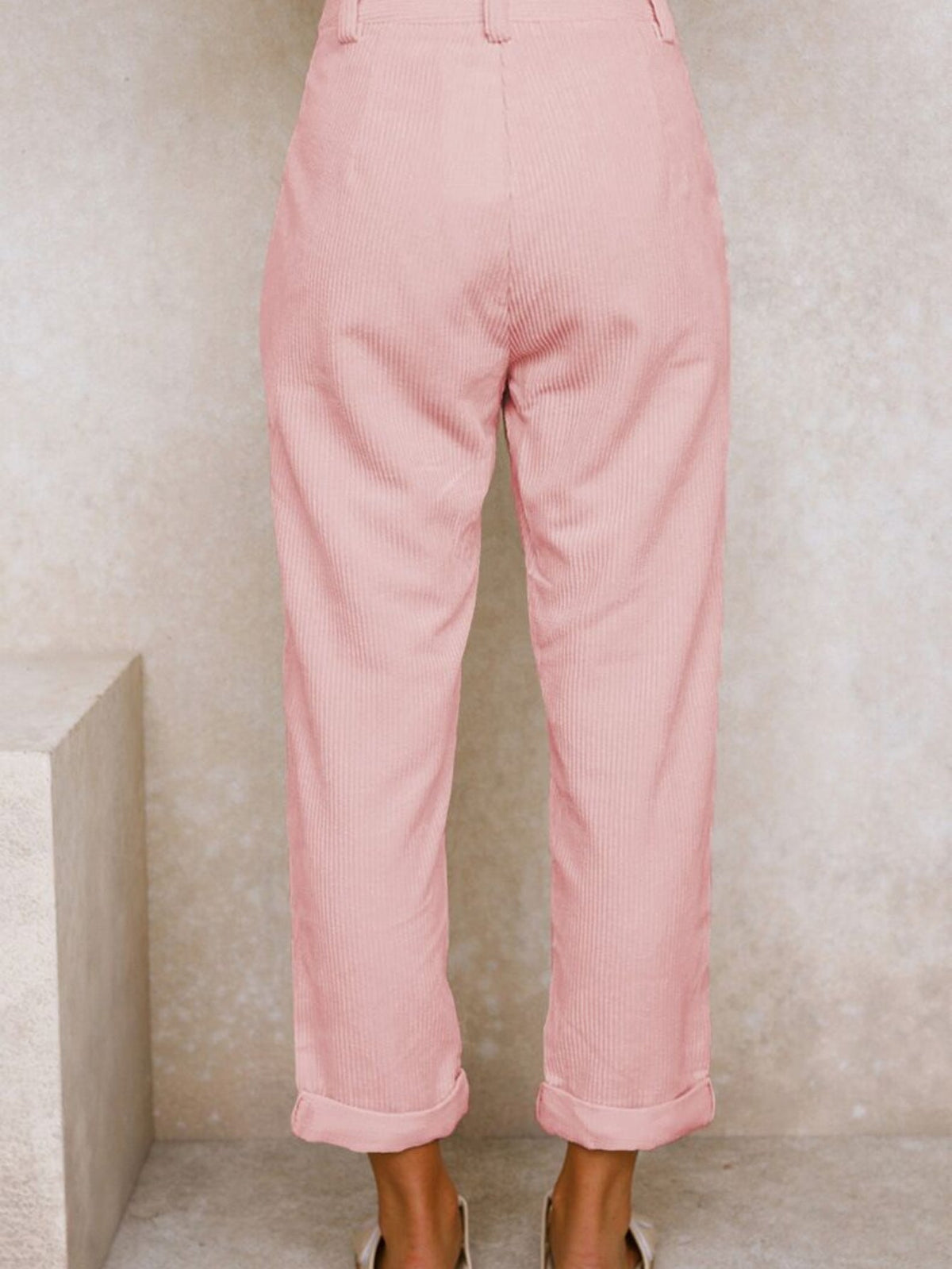 Women's High-Waist Corduroy Pants - Casual Solid Color, Loose Fit Straight Leg with Pockets