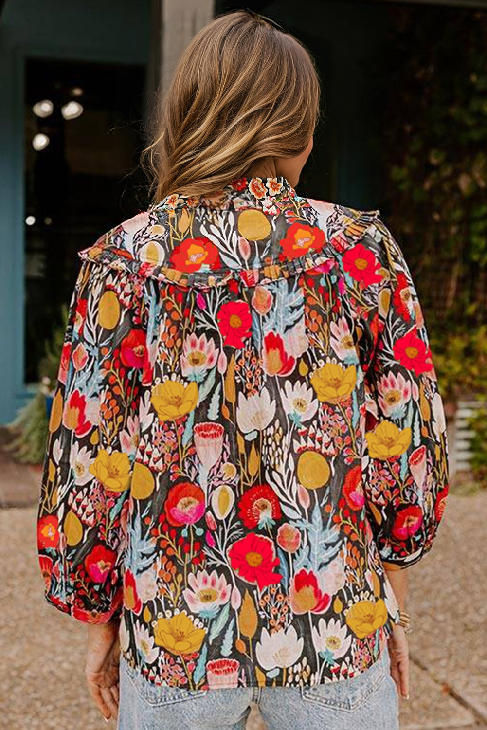 Black Floral 3/4 Puff Sleeve Tied Neck Blouse