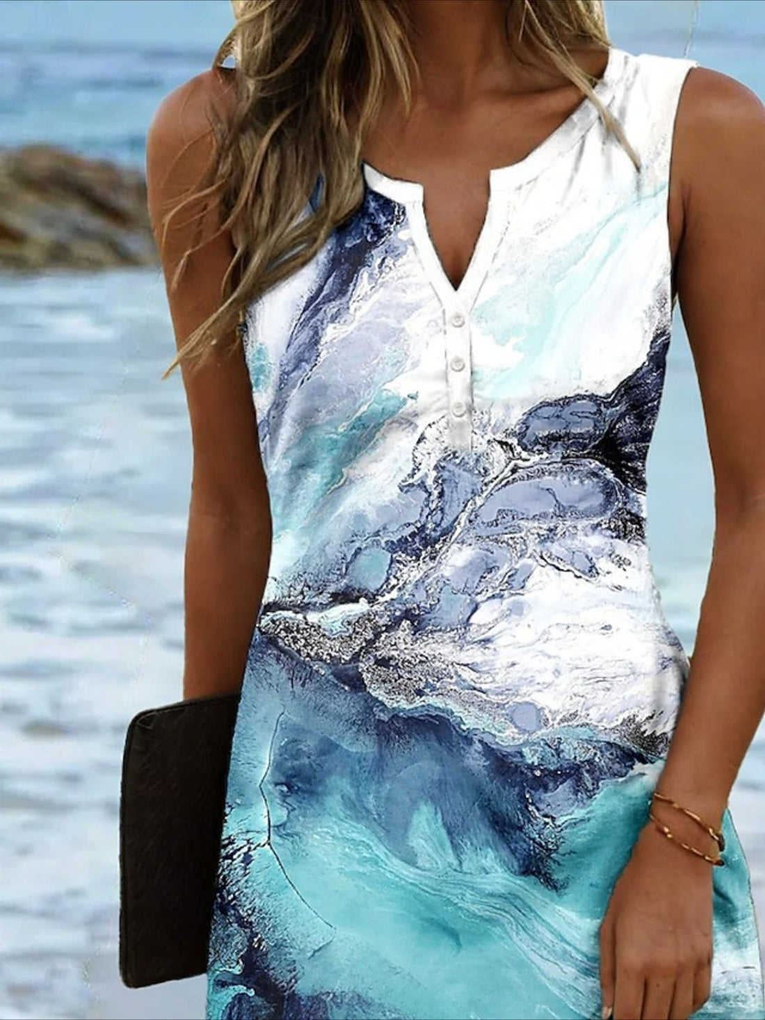 Graphic Tie Dye Abstract Sleeveless V Neck Mini Dress