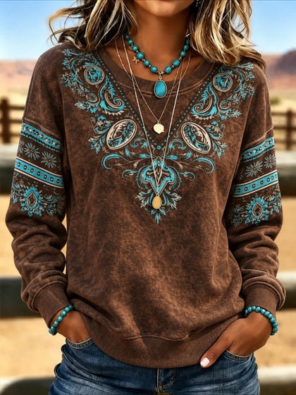 Western Style Ethnic Regular Fit Crew Neck Abstract Casual Sweatshirt