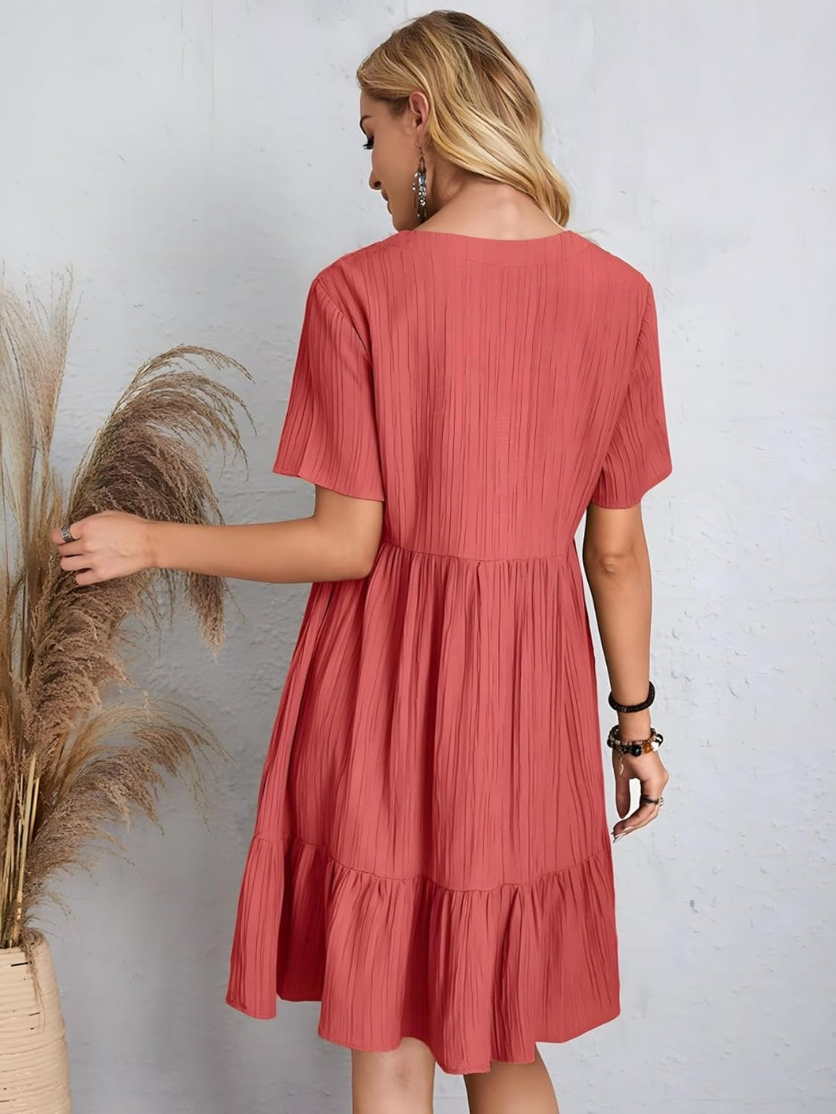 Short Sleeve V Neck Ruffle Mid Dress