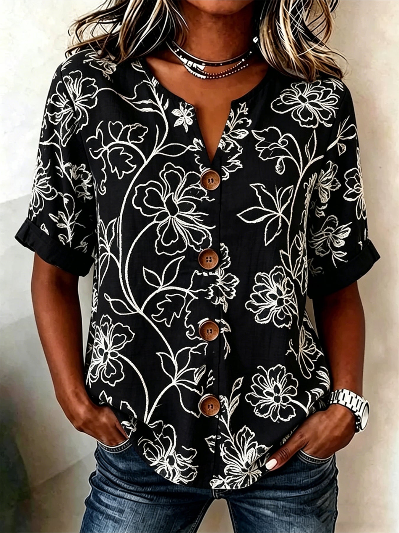 Stand Collar Long Sleeve Floral Regular Loose Shirt
