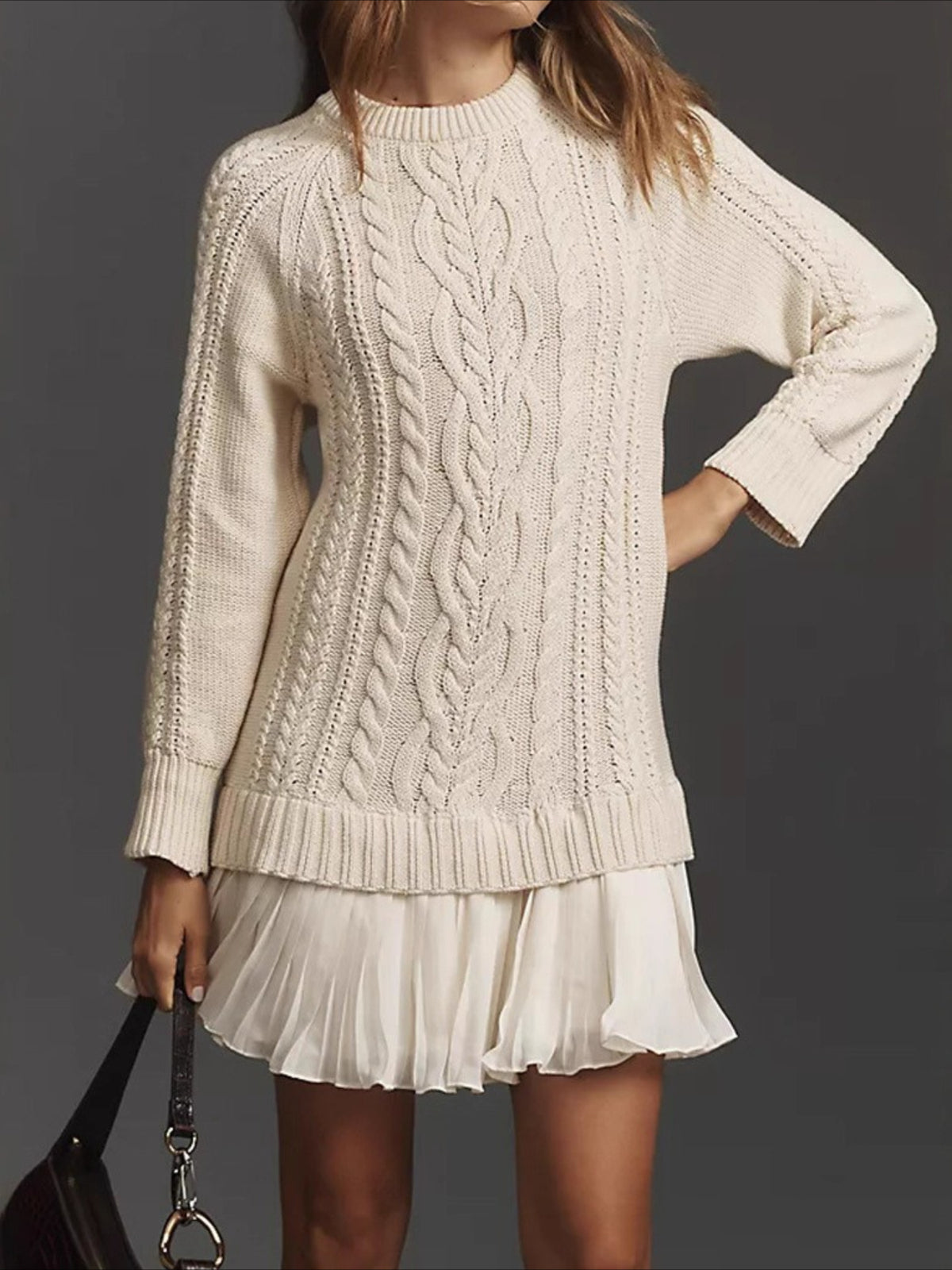 Solid Color Long Sleeve Round Neck 2 Pices Sweater Mini Dress