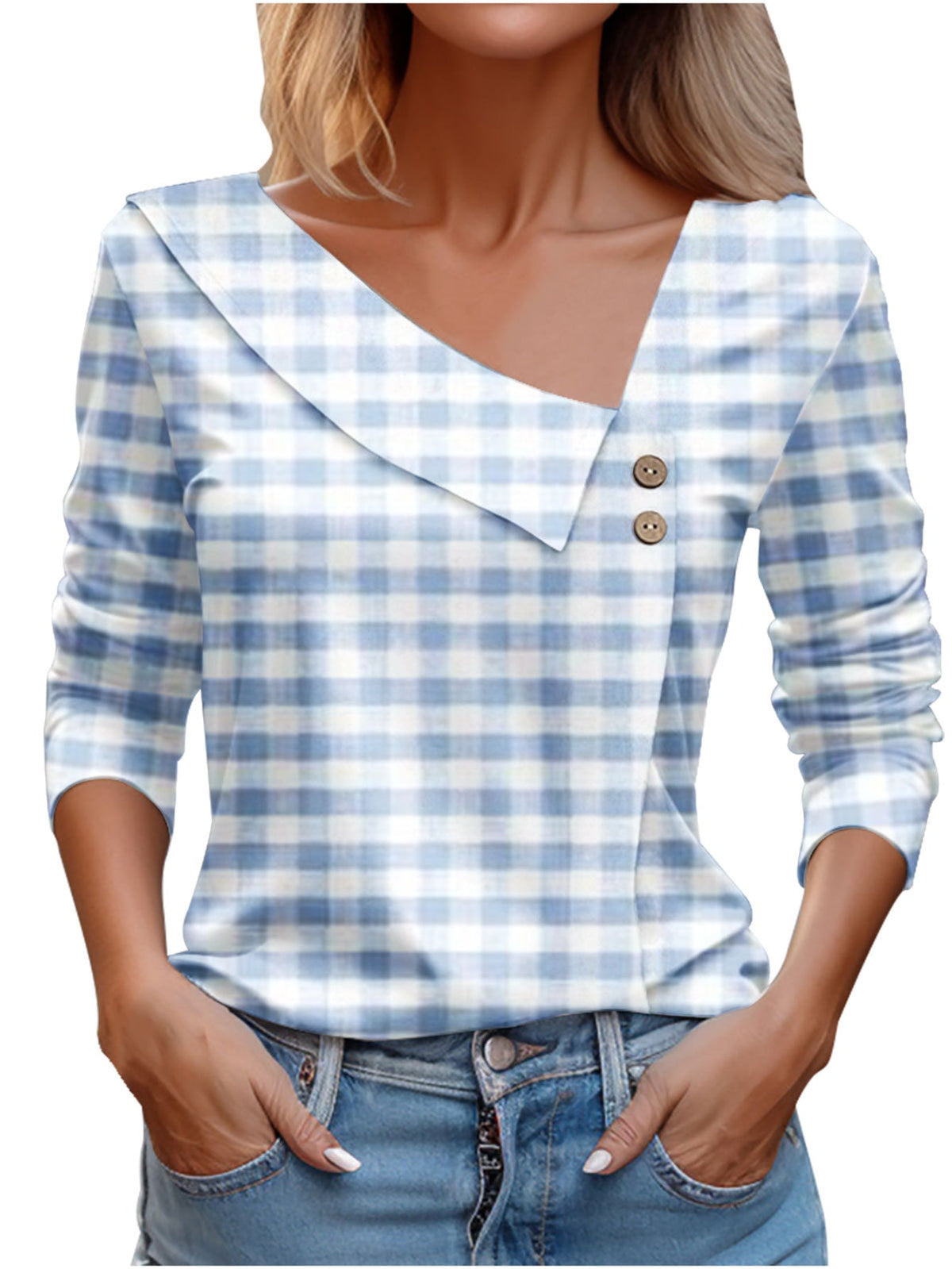 Chic Plaid Print Elegant Long Sleeve V-Neck T-Shirt
