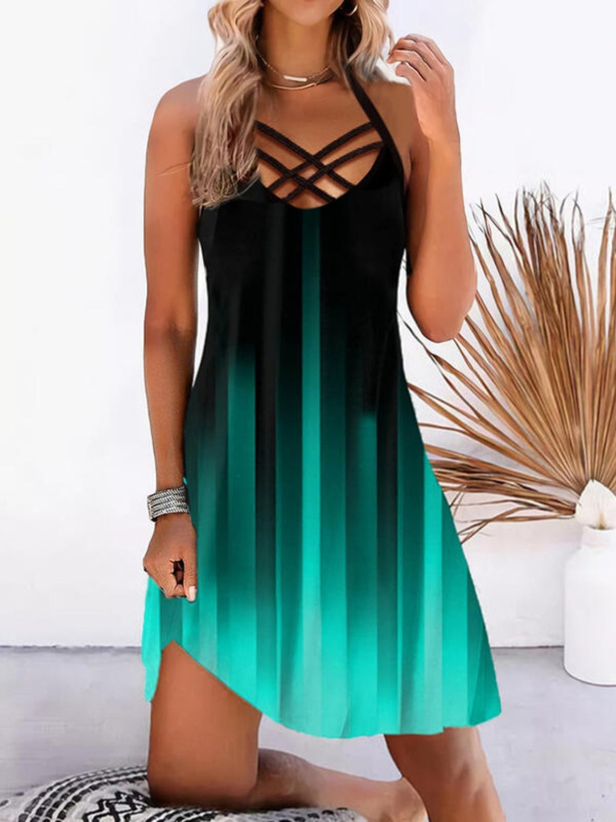 Color Block Criss Cross Dress, Casual Sleeveless Spaghetti Strap Dress