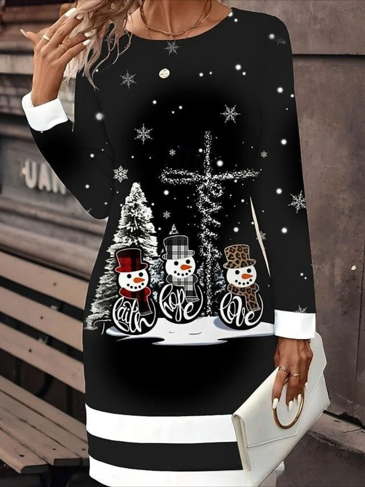 Creative Retro Printing Comfortable Soft Crew Neck Hip Wrap Knitted Sweater Dress