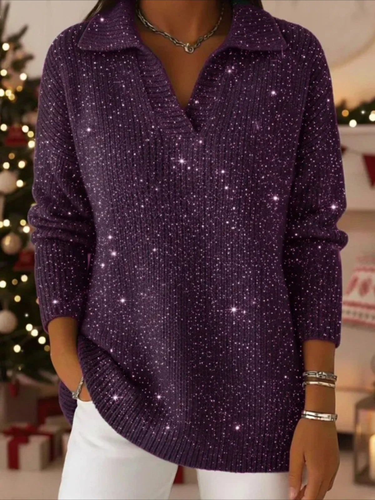 Party Polo Collar Shiny Loose Sweater Top