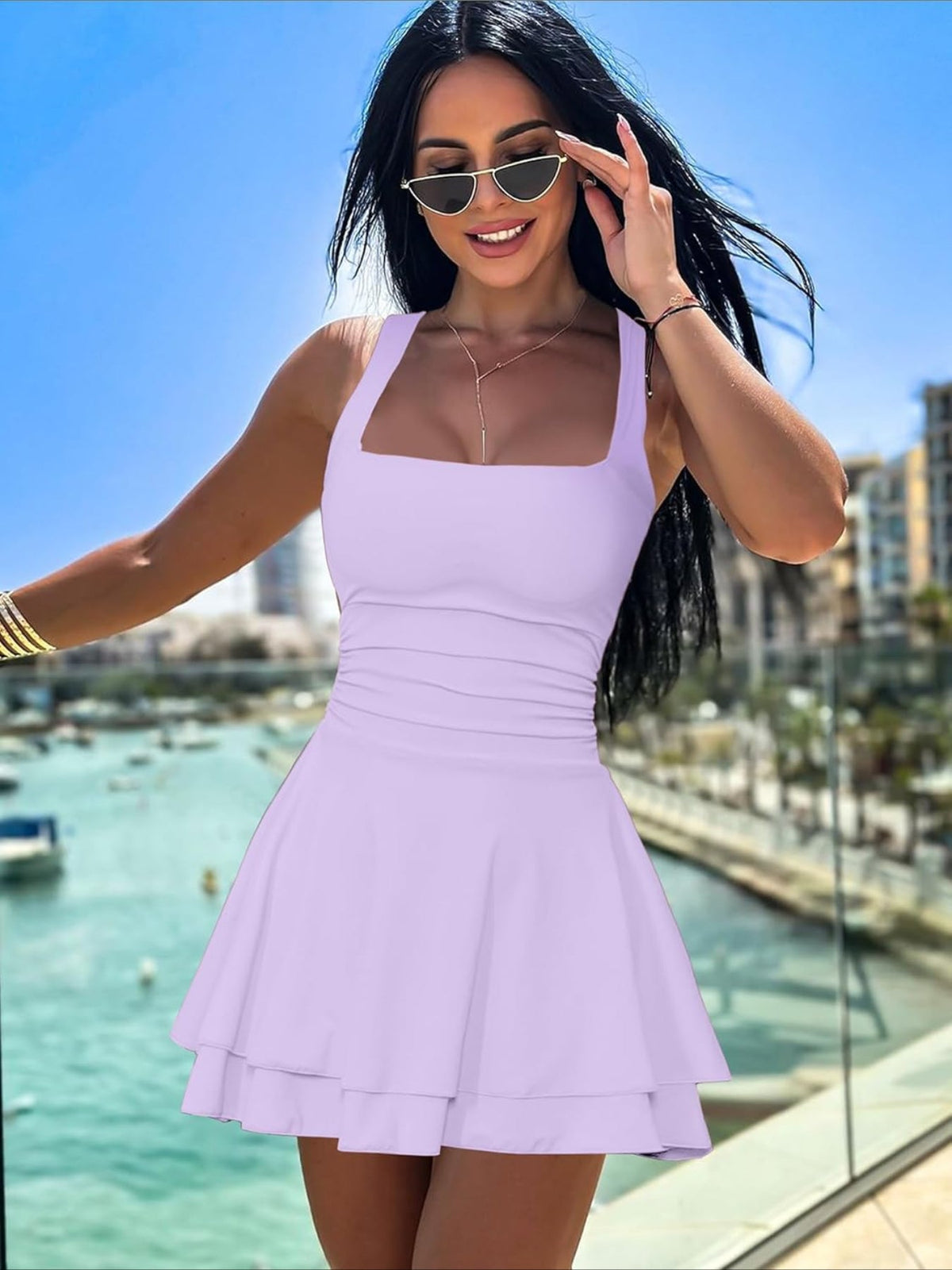 Solid Color Square Neck Ruffle Hem Ruched Waist Mini Dress