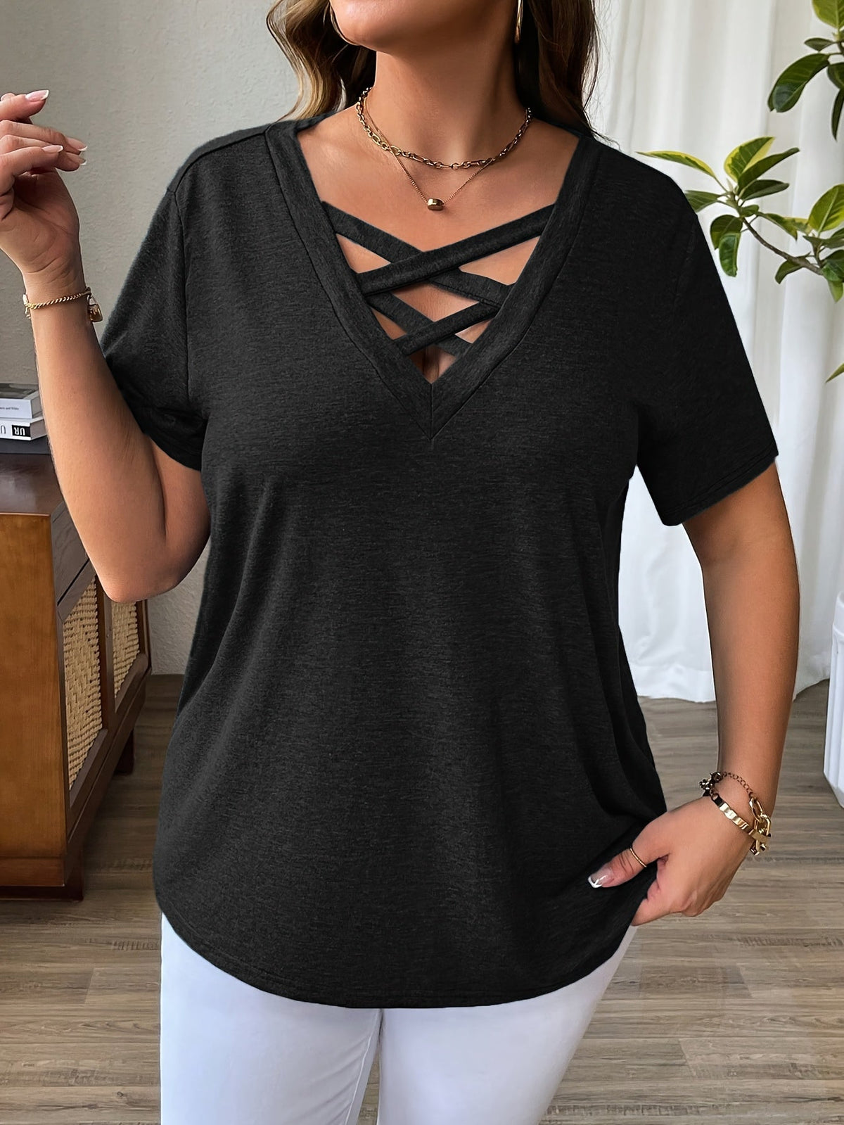 Solid Color T-Shirt with Crisscross V-Neck and Short Sleeves