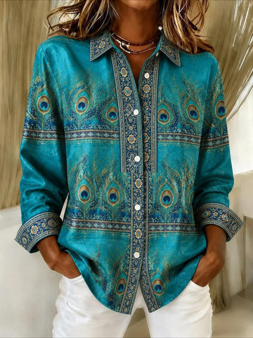 Peacock Feather Print V Neck Long Sleeve Plain Regular Micro-Elasticity Regular Fit Shirt