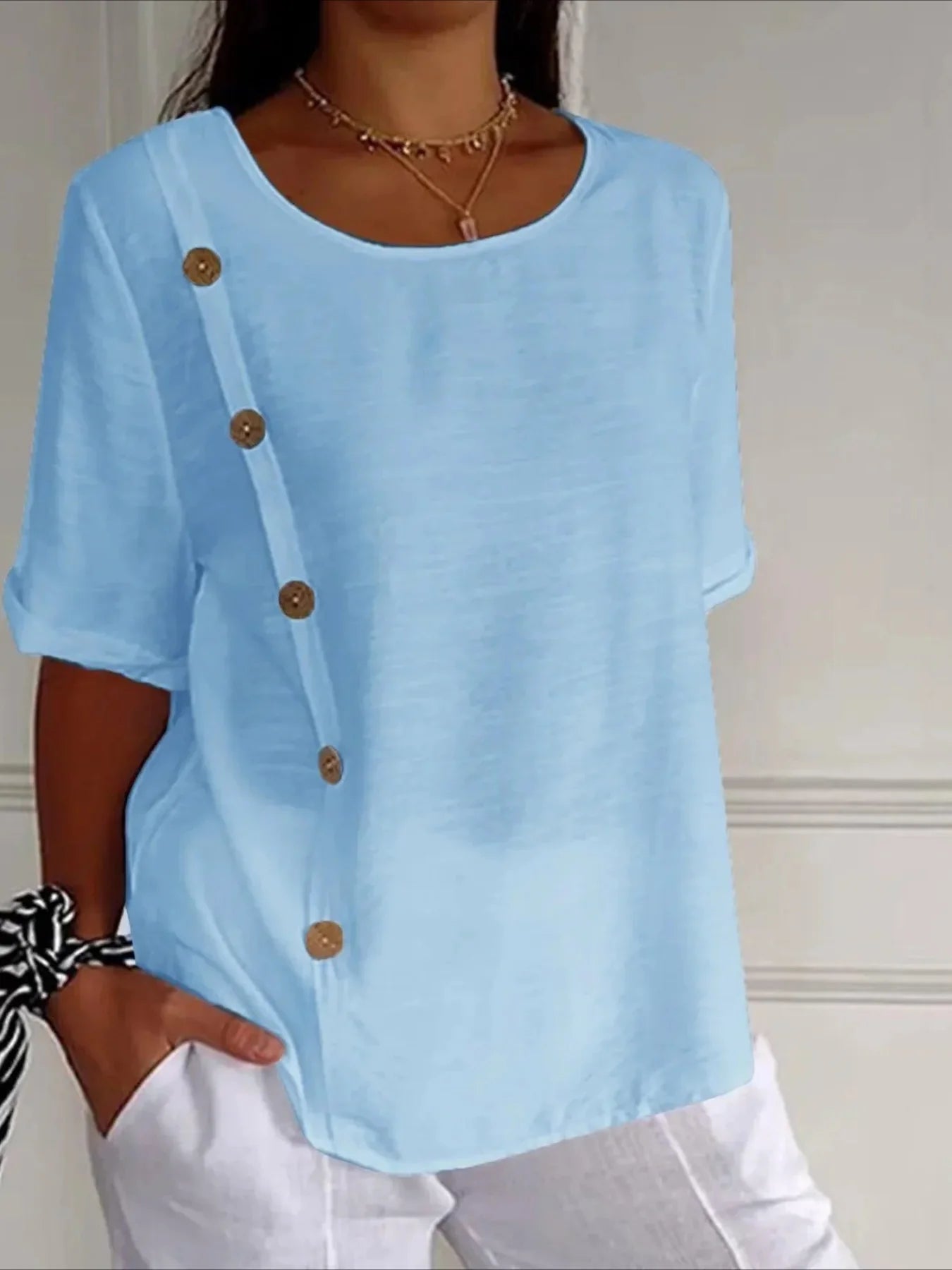 Elegant Solid Color Casual Loose Fit Crew Neck Shirt