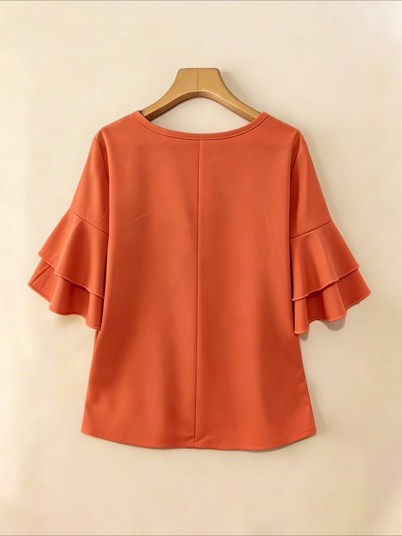 Elegant Fashion Summer Loose Solid Round Neck Button-Up Shirt Flared Sleeve Ruffle Top