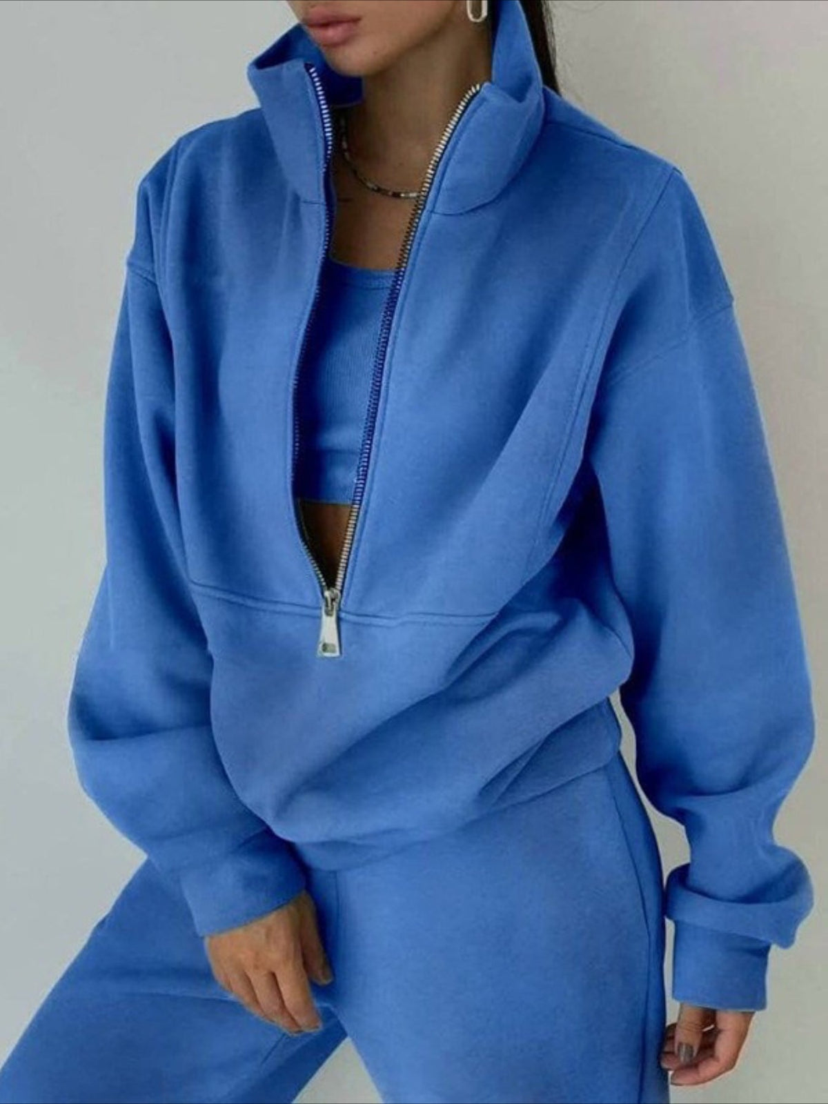 Cozy Fleece Zip-Up Top & Loose Pants Two-Piece Set