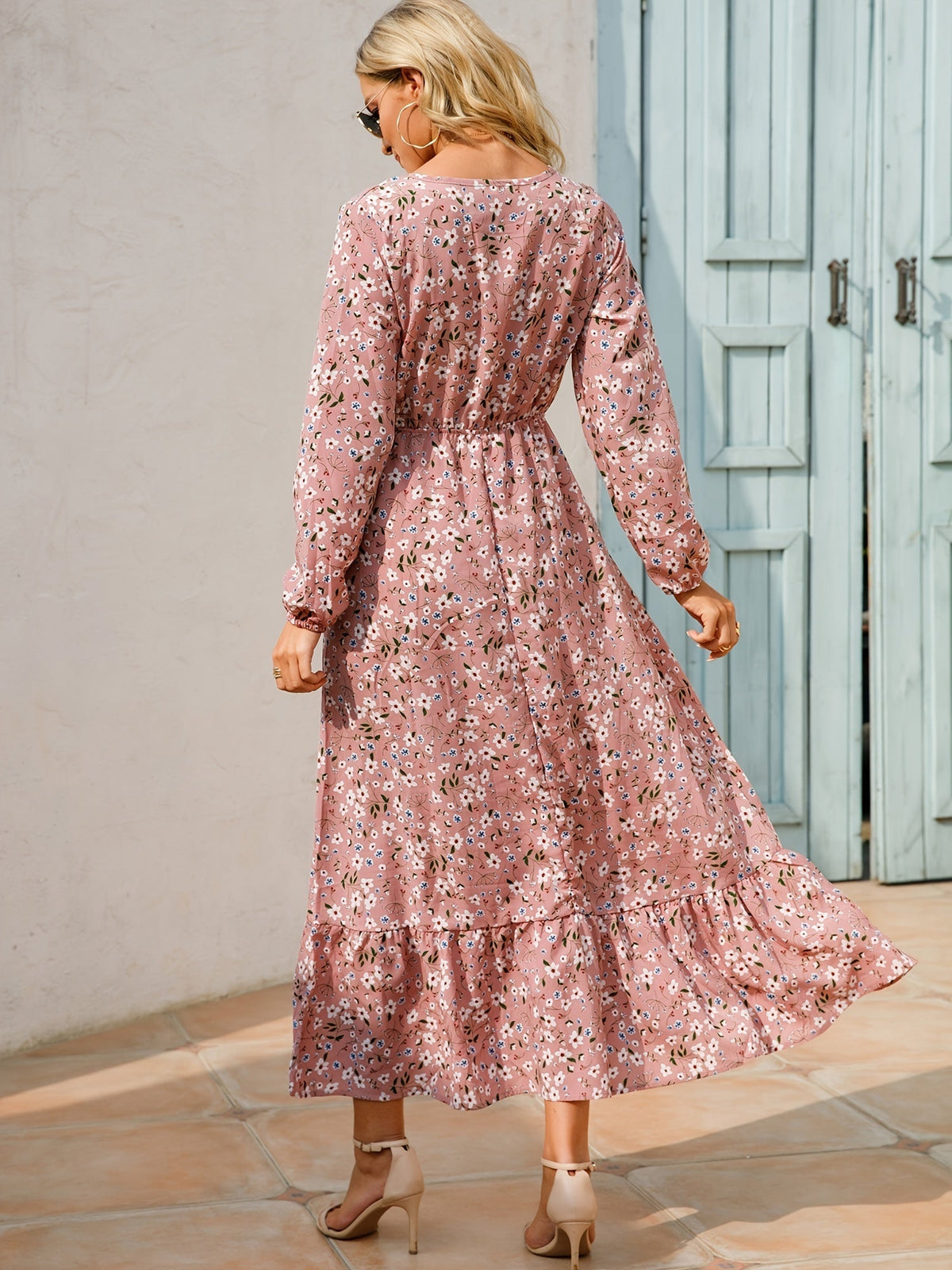 Bohemian Flowy Ruffle Long Dress, Casual Floral Print Long Sleeve Crew Neck Waist Long Dresses