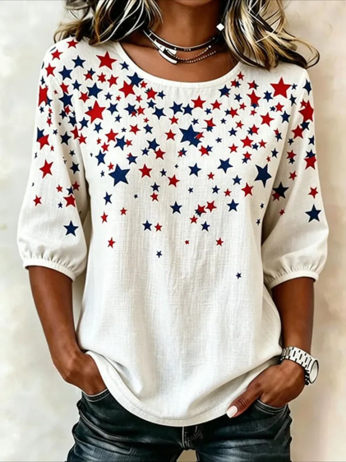Crew Neck Half Sleeve Star Printing Regular Blouse