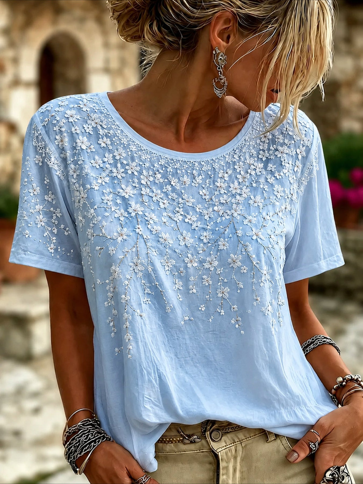 Floral Print Crew Neck Short Sleeve Top