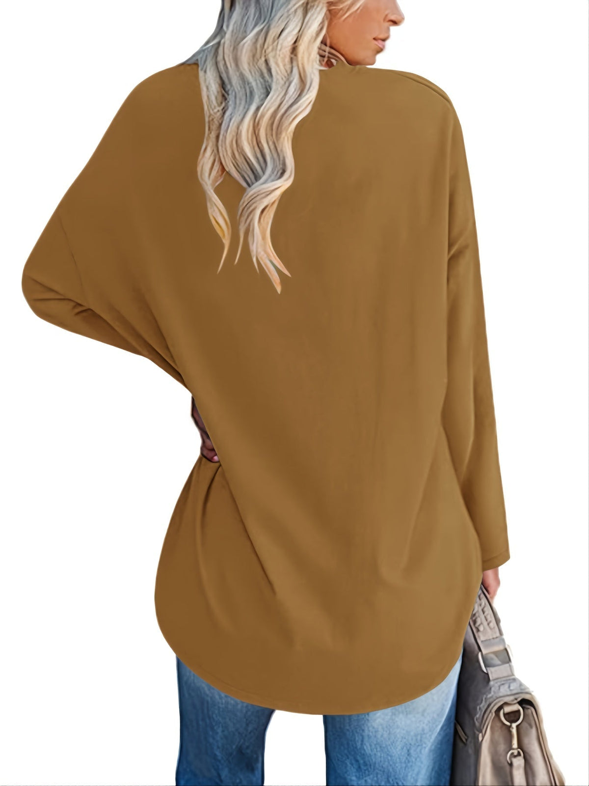 Women's Solid Color Oversized Tops, V-Neck Long Sleeve T-Shirts, Casual Loose Shirts