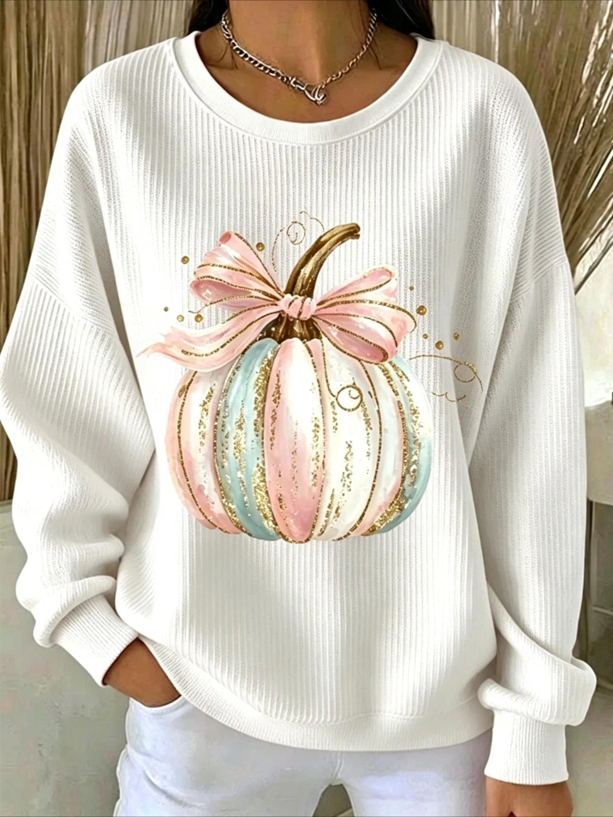 Pumpkins Halloween Printed Crew Neck Floral Long Sleeve Sweater Hoodie