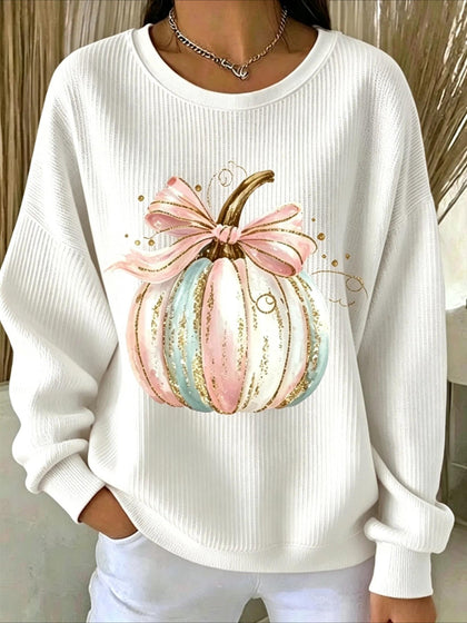 Pumpkins Halloween Printed Crew Neck Floral Long Sleeve Sweater Hoodie