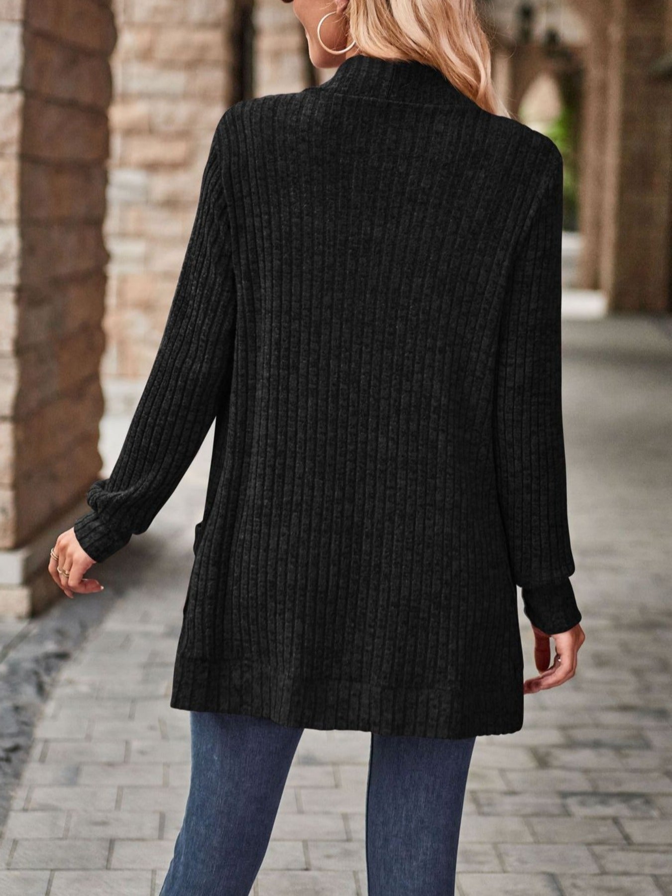 Loose Fit Long Sleeve Open Collar Casual Blouse with Side Pockets