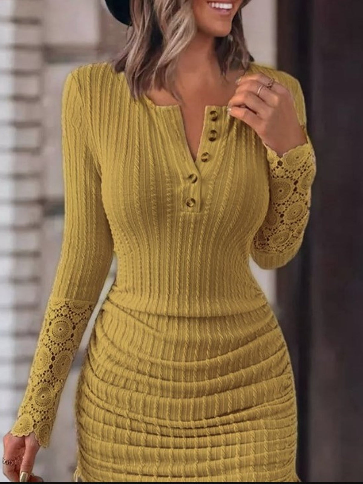Contrast Lace Ruched Dress, Elegant Drawstring Button Front Dress
