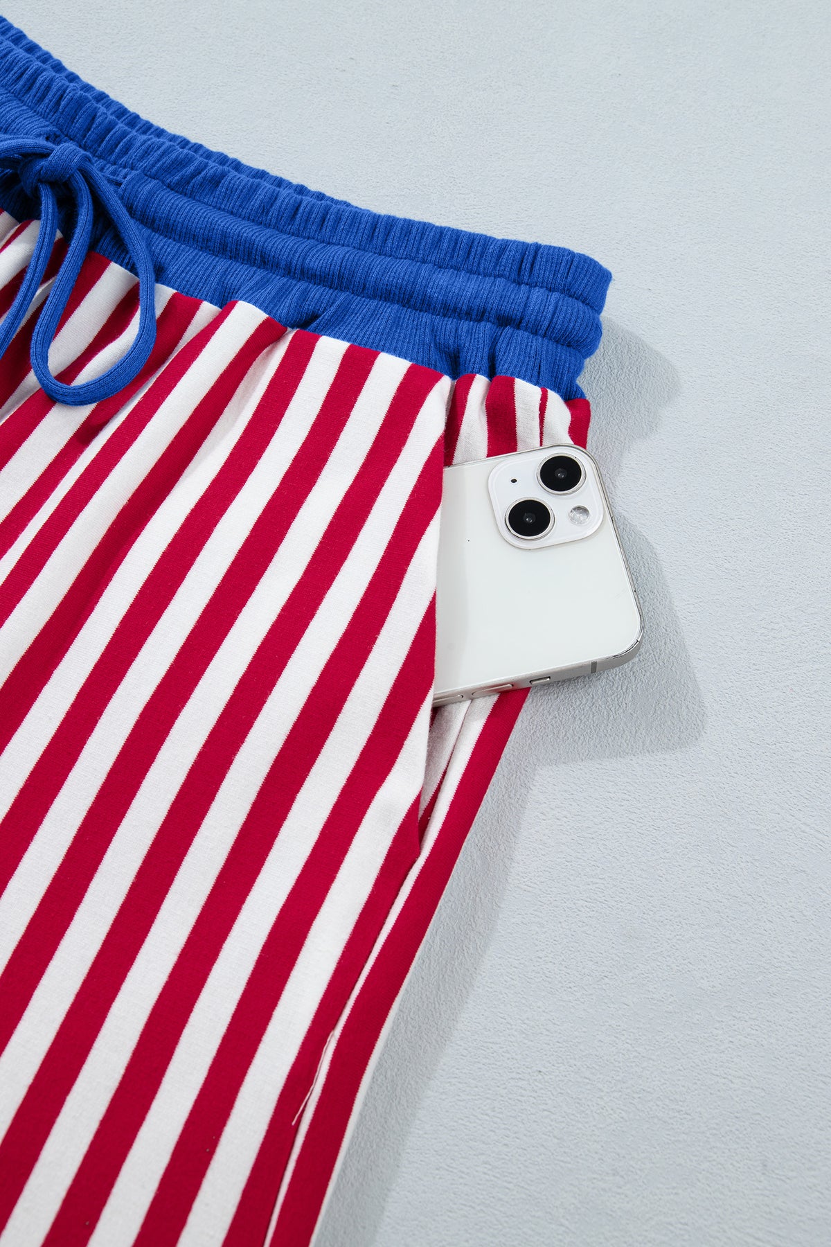 Red Stripe Colorblock Trim V Neck Tee Drawstring Elastic Waist Short Set