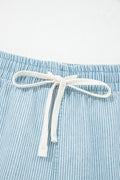 Sky Blue Stripe Plus Size Contrast Drawstring Elastic Waist Denim Shorts