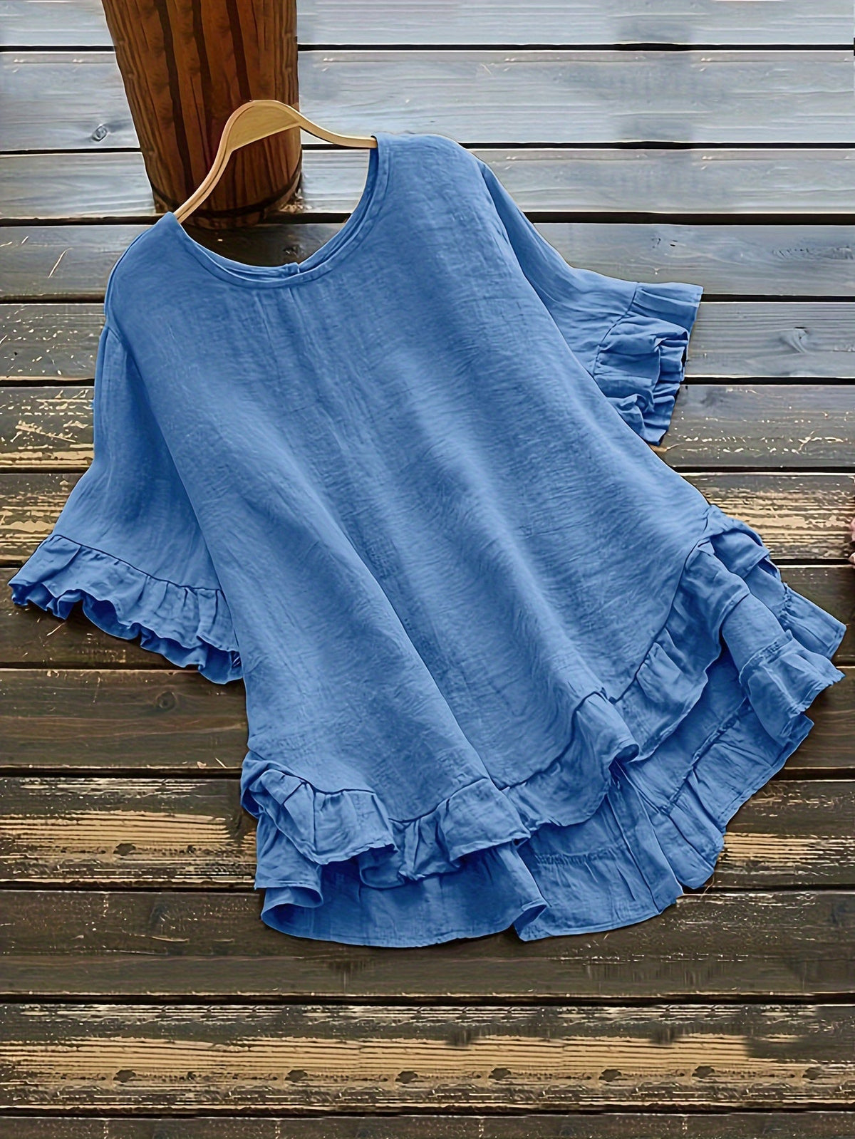 Solid Button Back Ruffled Trim Blouse, Casual Short Sleeve Blouse