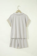 Khaki Stripe Dolman Sleeve Polo Shirt and Drawstring Shorts Set