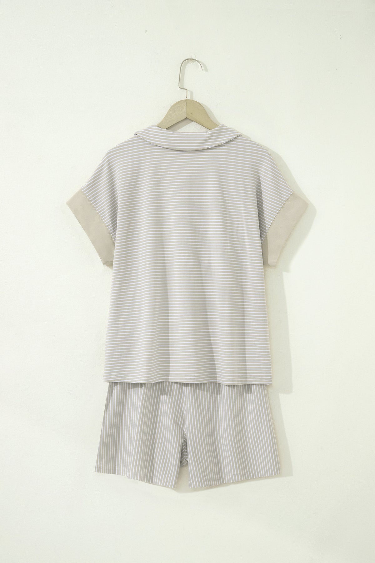 Khaki Stripe Dolman Sleeve Polo Shirt and Drawstring Shorts Set