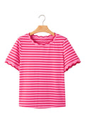 Pink Stripe Scalloped Trim Round Neck T Shirt