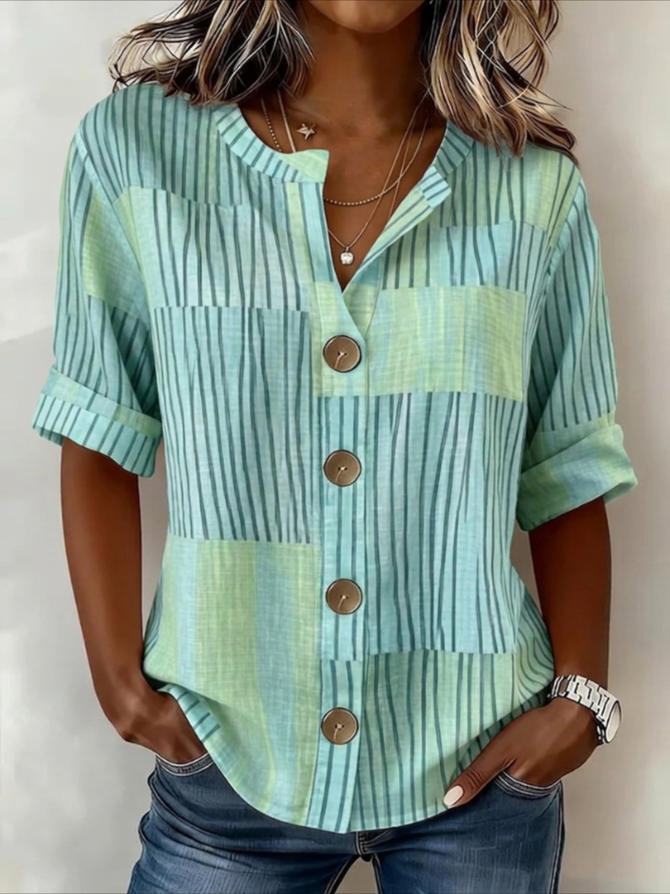 Floral Loose Stand Collar Simple Linen Blend Long Sleeve Shirt