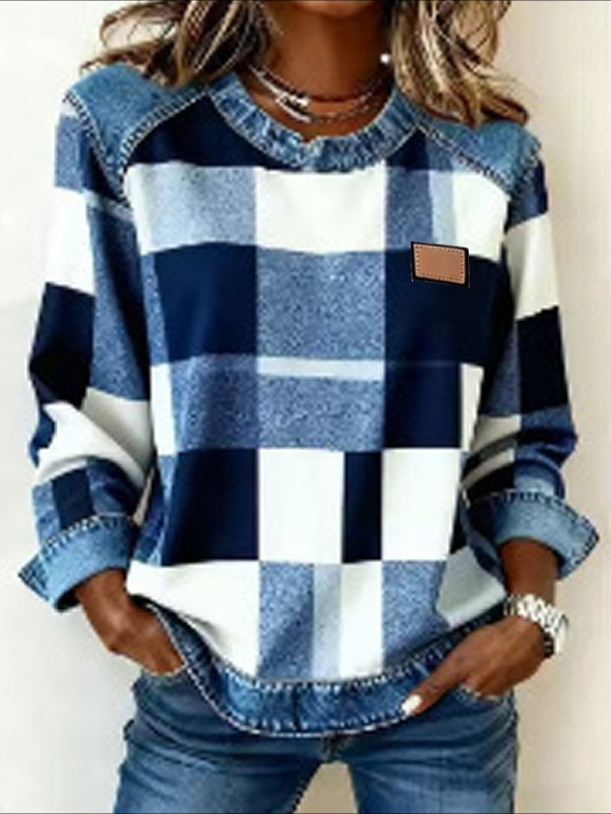Plaid Vintage Stylish Long Sleeve Crew Neck Regular Tops