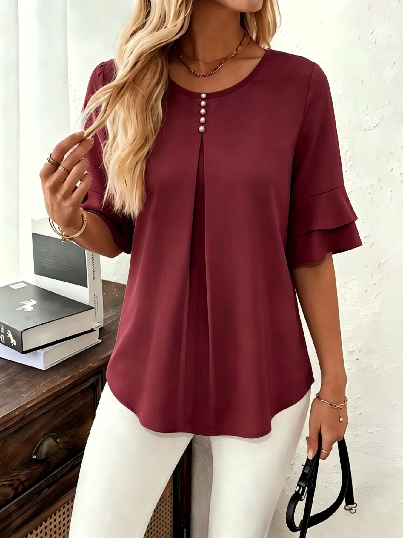 Elegant Fashion Summer Loose Solid Round Neck Button-Up Shirt Flared Sleeve Ruffle Top
