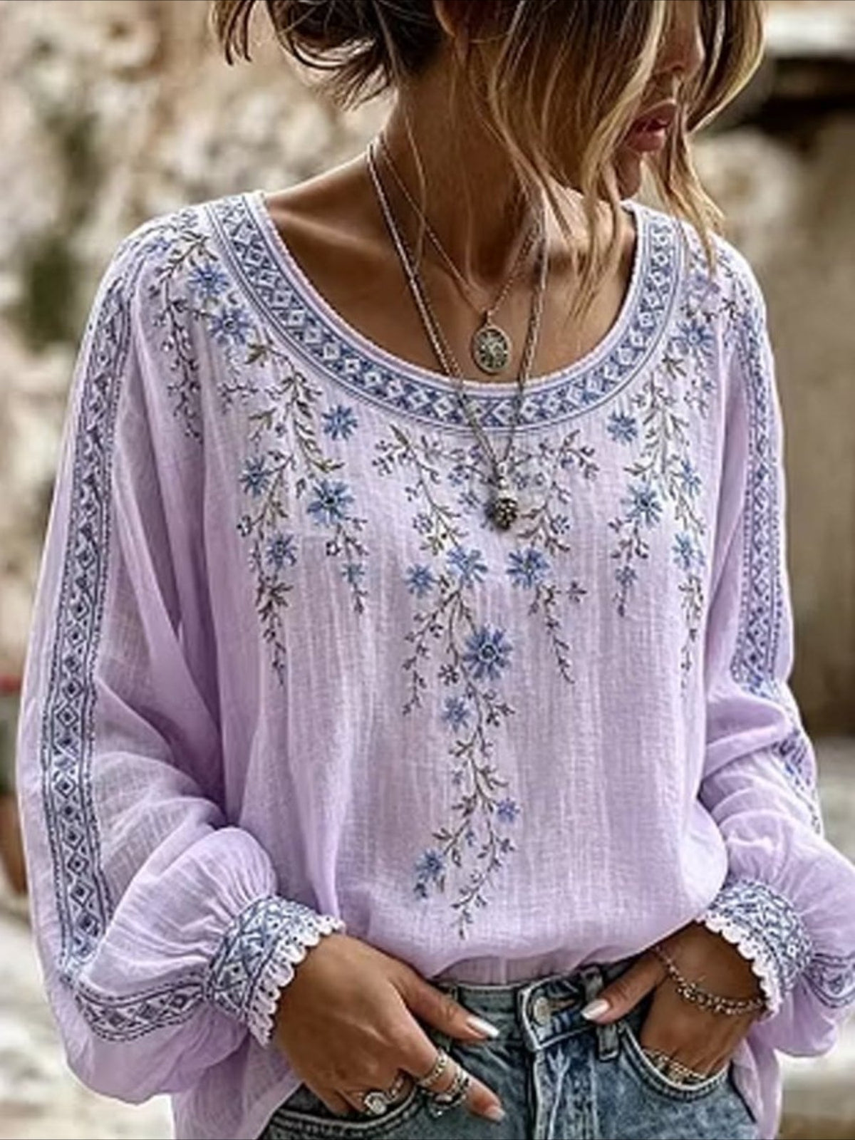 Floral Crew Neck Long Sleeve Blouse