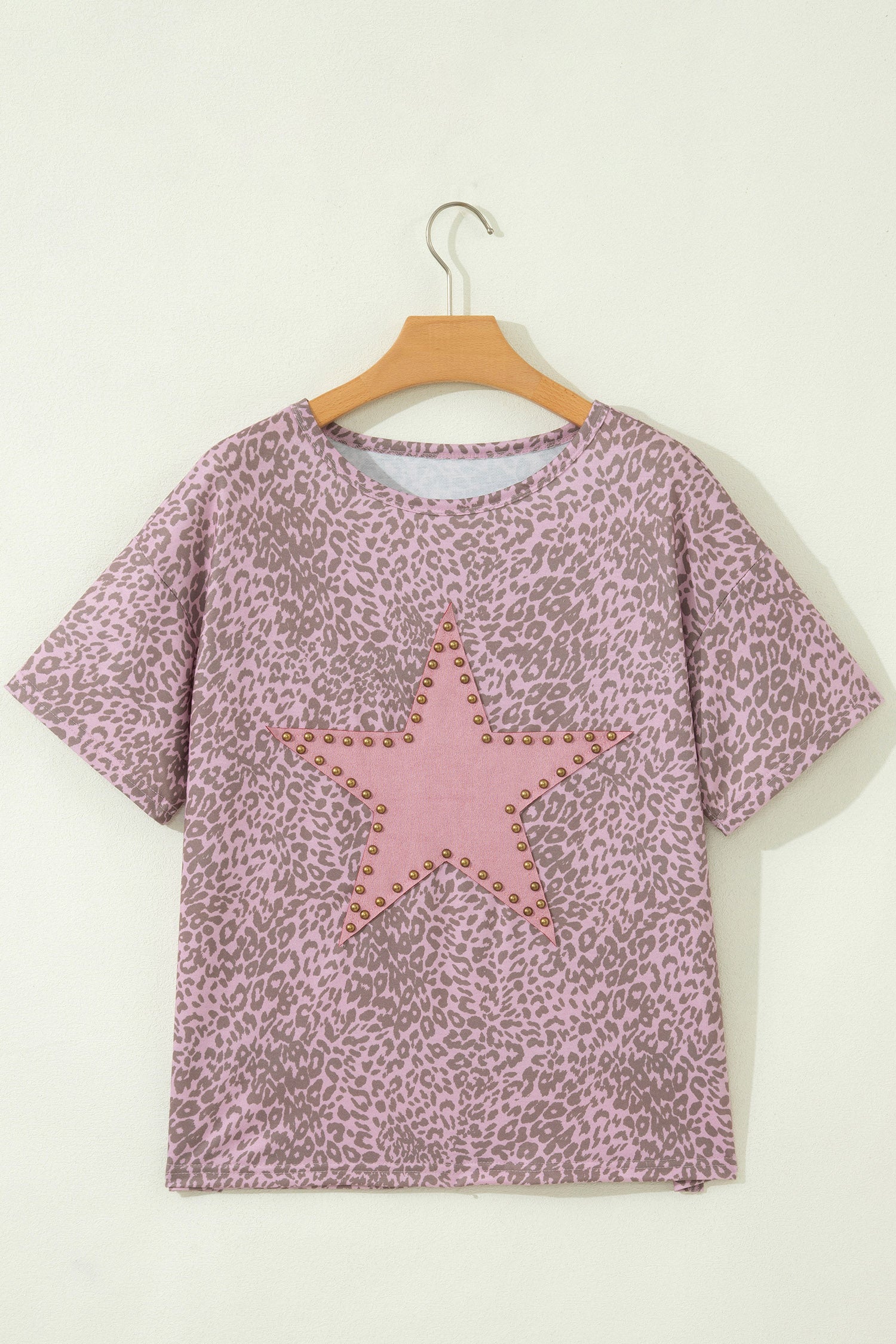 Pink Leopard Retro Studded Star Patch Loose Tee