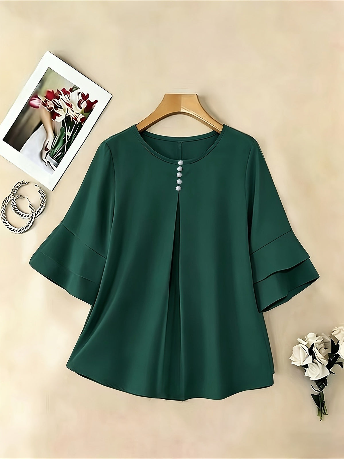 Elegant Fashion Summer Loose Solid Round Neck Button-Up Shirt Flared Sleeve Ruffle Top