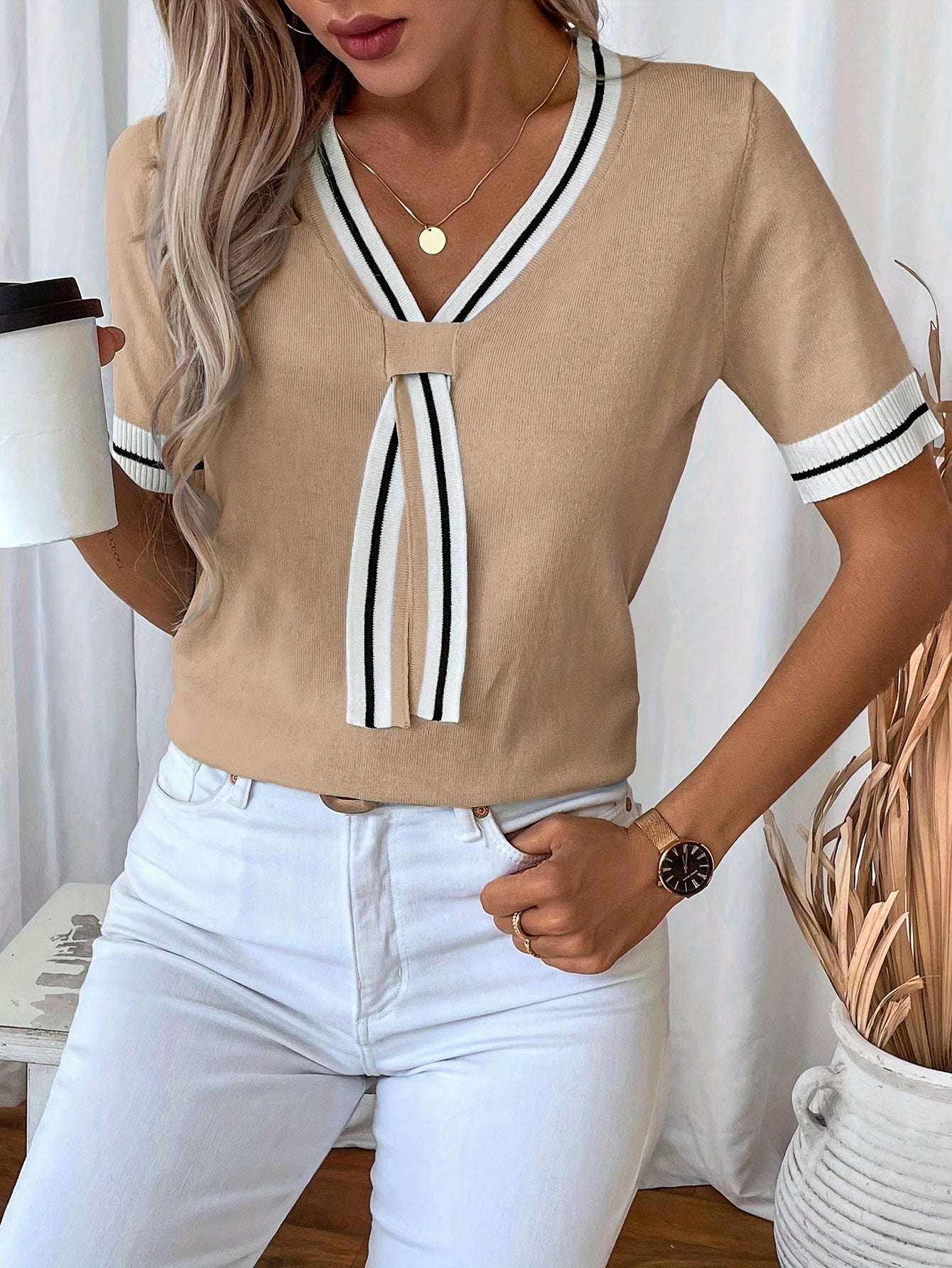 Color Block V-Neck Knit Elegant Short Sleeve Top