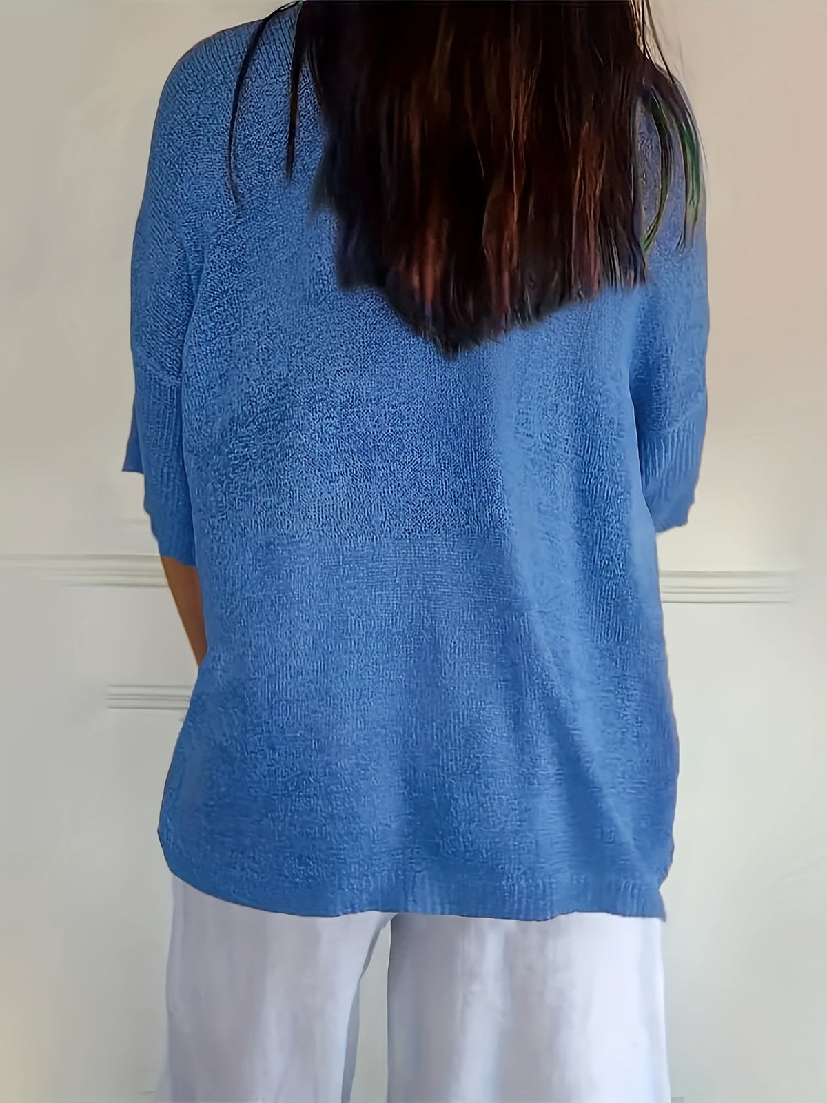 Cozy V Neck Pullover Three-Quarter Sleeve Knitted Sweater