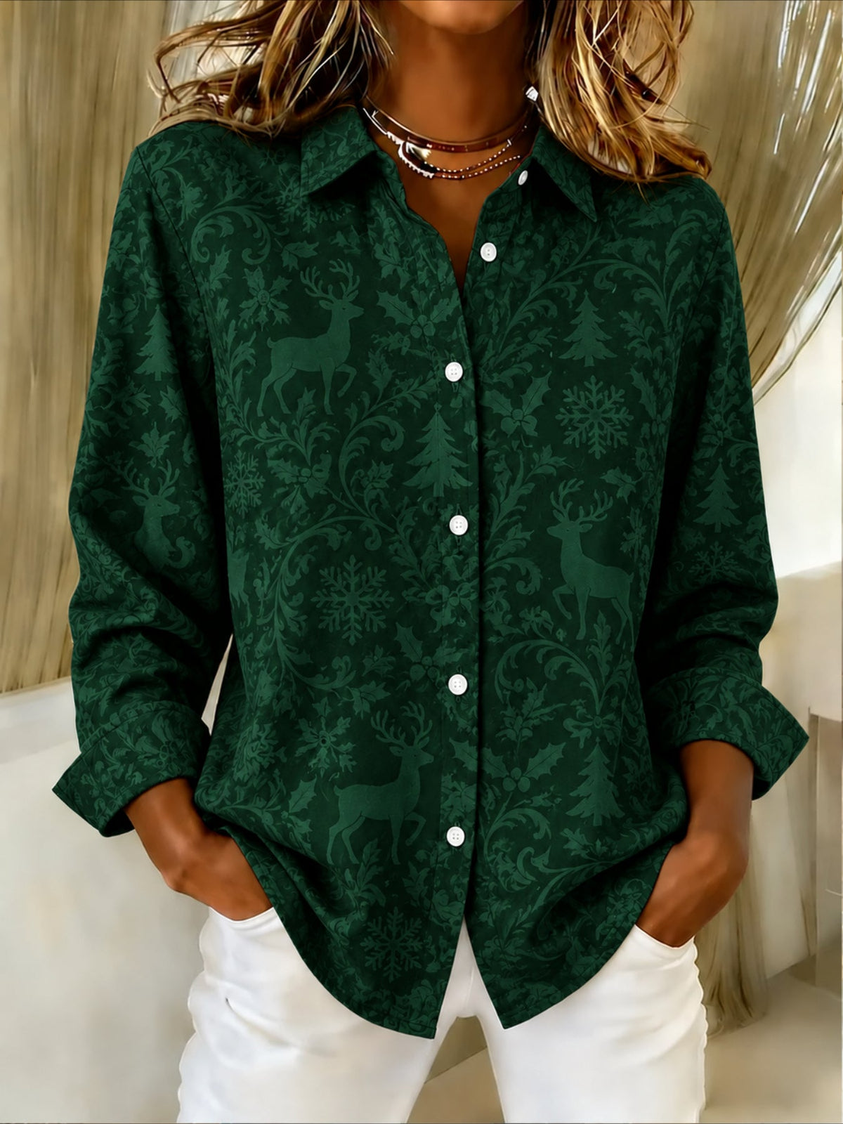 Christmas Patterns Long Sleeve Plain Regular Micro-Elasticity Regular Fit Shirt