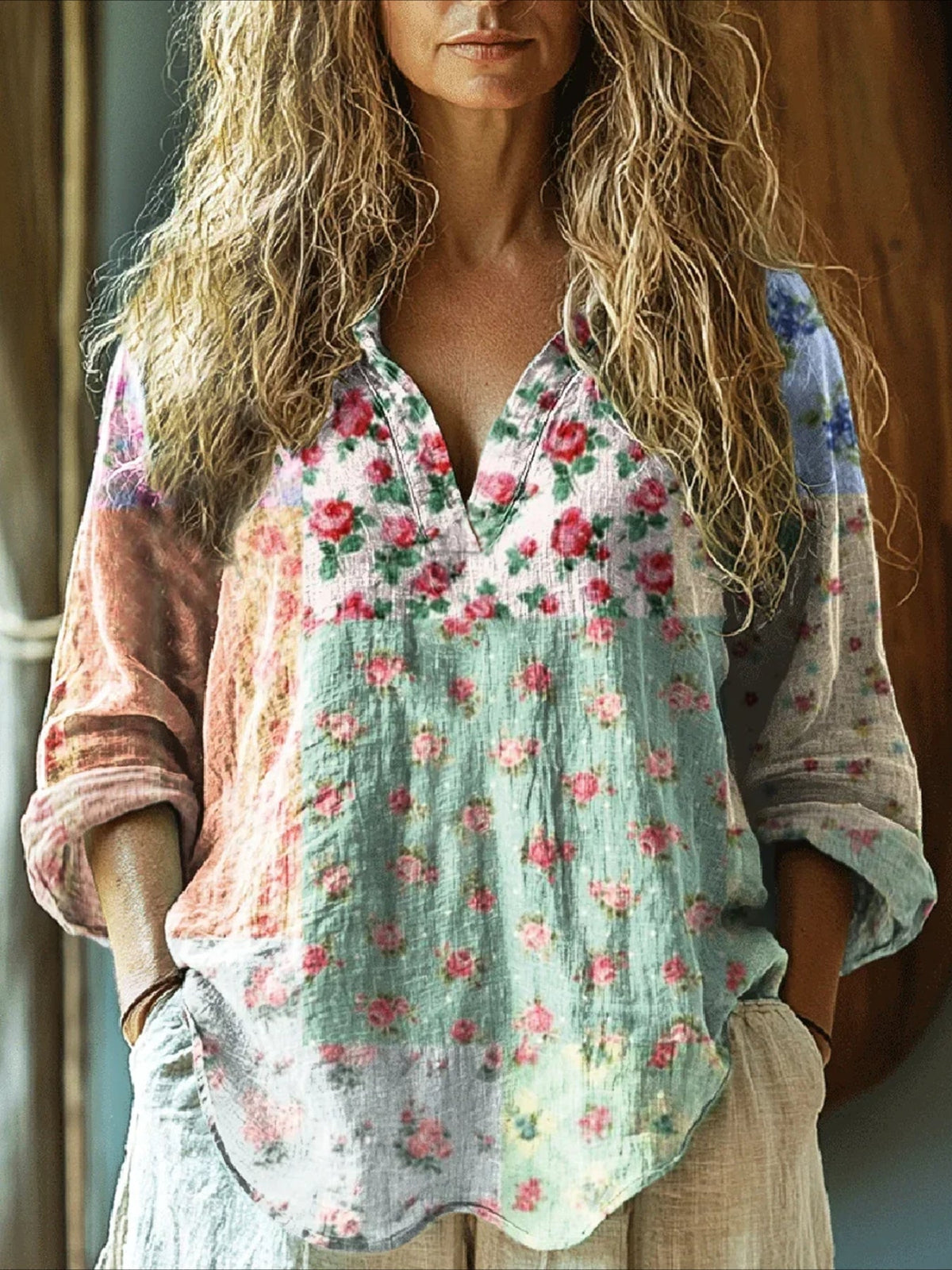V Neck Long Sleeve Ombre Regular Loose Shirt