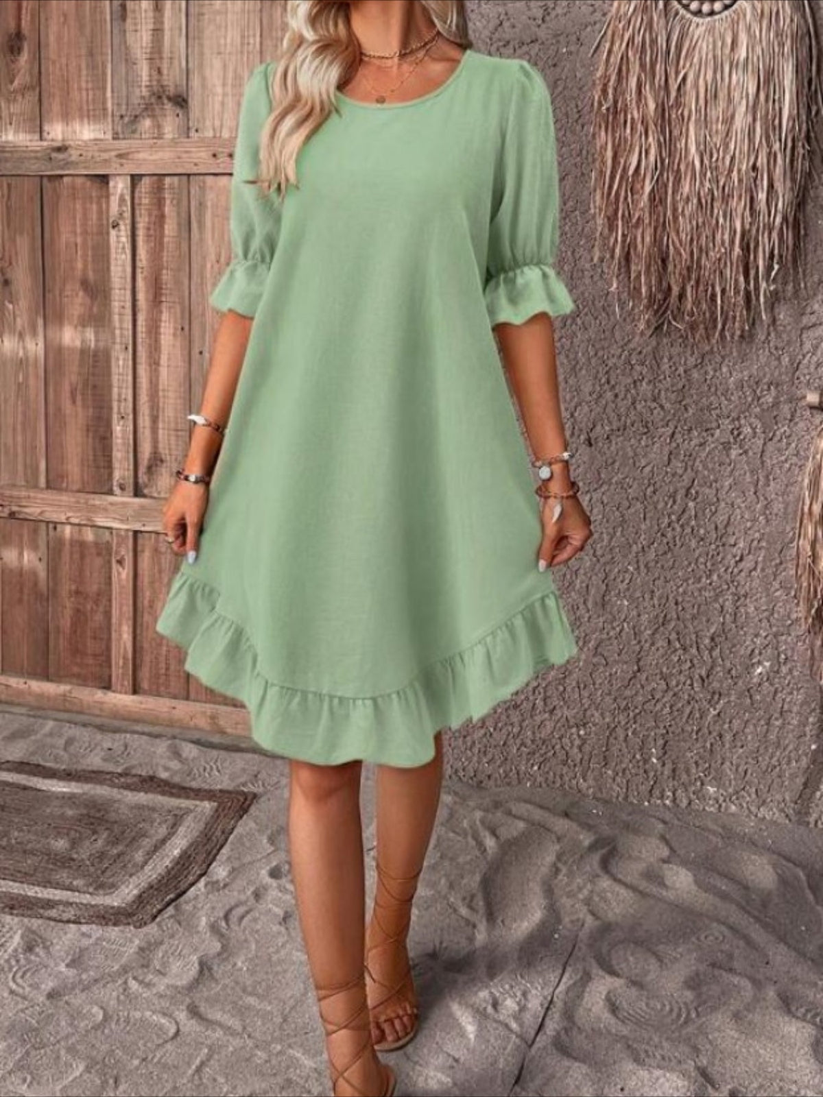 Loose Crew Neck Ruffle Dress, Casual Half Sleeve Solid Dress